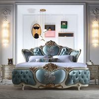 Offre Spéciale : Ensemble de Chambre Kiky Home Furniture Luxe Traditionnel Blanc et Bleu en Bois d'Acajou, Lit Rembourré en Velours Écologique et Durable