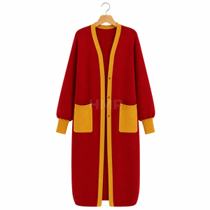 Cárdigan Acrílico HMR Sisterhood Sorority Rojo con Ribete en Contraste Amarillo, Cuello en V, Manga Larga, Casual, Otoño Invierno - Product Image 5