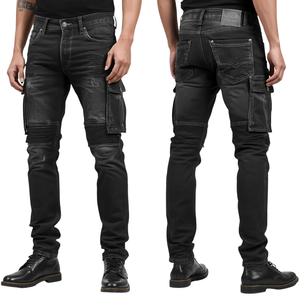 Pantalon en jean de luxe pour homme avec empiècements fonctionnels, en coton épais et détails de mode premium effet vieilli - Product Image 1