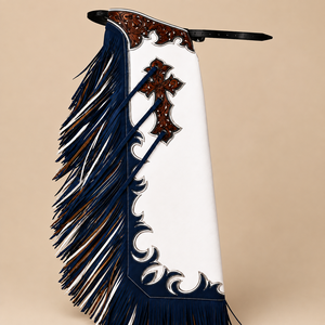 Chaps de Rodeo Western en Cuir Artisanal Haut de Gamme, Motif Croix Gravé à la Main, Franges, pour l'Équitation et le Cowboy, Équipement Équestre - Product Image 2