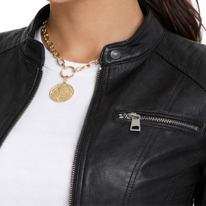Veste en cuir noir ajustée pour femme avec fermeture éclair sur le devant, manches longues, col montant, couleur unie, style streetwear, coupe régulière, vêtements d'automne - Product Image 4