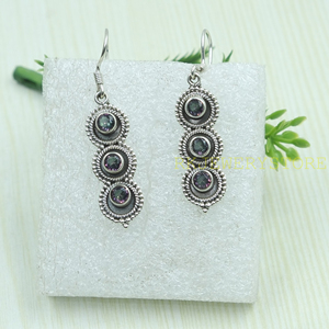 Boucles d'oreilles pendantes triple cercle en argent sterling 925 avec topaze mystique, faites à la main, style bohème, vintage, bijoux pour femme, cadeau pour elle - Product Image 2