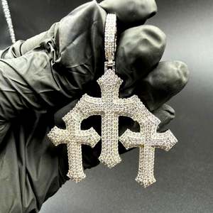Fully Iced Out Triple <b>Cross</b> <b>Pendant</b> 925 <b>Sterling</b> <b>Silver</b> Moissanite Round Brilliant Cut Hip Hop Style Unisex <b>Pendant</b> - Product Image 1