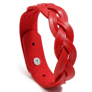 Hemasa Fashions <b>Red</b> Braided PU Leather Zinc Alloy Imitation Pearl Bezel Setting <b>Cross</b> Pattern Casual Cuff Bracelet Unisex - Product Image 1