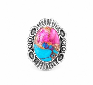 Anillo de Plata de Ley 925 con Turquesa Kingman y Dalia Rosa Hecha a Mano, Anillo de Ostra Espinosa, Regalo para Mujer - Product Image 1