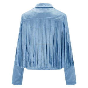 Chaqueta Corta Vintage Estilo Boho para Mujer, Color Azul Cielo, Gamuza con Flecos y Borlas, Manga Larga, Frente Abierto, Solapa, Transpirable, Acabado en Viscosa - Product Image 5