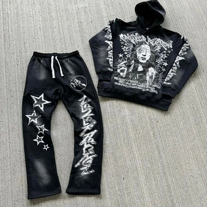 Ensemble de survêtement personnalisé délavé à l'acide, coupe évasée, épais, avec impression sérigraphiée, comprenant un sweat à capuche et un pantalon de survêtement effet vieilli - Product Image 2