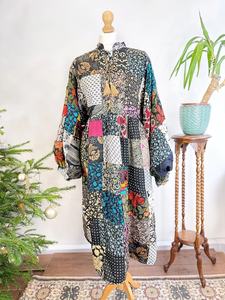 Negro seda reciclada Patchwork bohemio Maxi elegante boda ropa de día para High Tea verano elegante Casual algodón salvaje colorido - Product Image 4