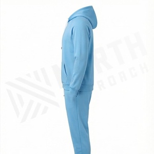 Survêtement unisexe bleu clair à capuche, manches longues, couleur unie, décontracté, avec cordon de serrage et poches latérales pour adultes, saison automne - Product Image 3
