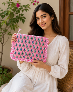 Dolly Enterprises Vintage Embroidered Frill Pouch Floral Design Pattern Zipper Closure Eco-Friendly Large Capacity Portable <b>Case</b> - Product Image 2