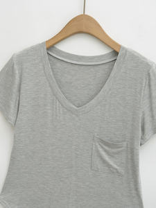 เสื้อยืดคอวีมีกระเป๋าสำหรับผู้หญิง รุ่น 2026 สีเทาเฮเธอร์ ผ้าคอตตอนผสมเนื้อนุ่ม ทรงหลวม แขนสั้น สไตล์ลำลอง เหมาะสำหรับฤดูร้อน เสื้อพื้นฐาน HD - Product Image 3