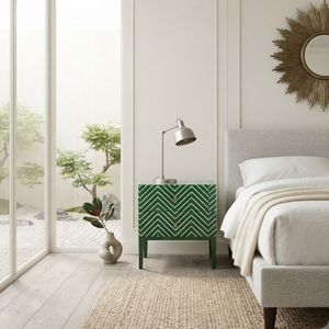 <b>Green</b> Chevron Nightstand Side <b>Table</b> <b>Bedside</b> Cabinet with Drawers Modern Bedroom Furniture - Product Image 1