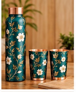 Juego de Botella y Tazas de Viaje de Metal Color Cobre Mediterráneo, Diseño Floral Azul Oriental, Vajilla Portátil - Product Image 6
