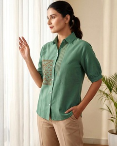 Trendy Women Wear Green <b>Linen</b> Shirt With Embroidery Balloon Sleeve Turn down Collar Casual Spring Summer <b>Top</b> Women Wear Shirt - Product Image 1