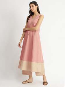 Vestido Midi Rosa con Cuello Henley, Manga Tres Cuartos, Corte Holgado, Algodón y Lino, Ropa Casual para Todas las Temporadas, Color Sólido, Tejido de Tela - Product Image 4