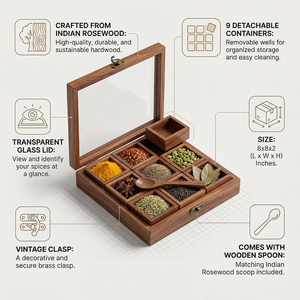 Boîte à épices en bois artisanale avec couvercle et cuillère, organisateur d'épices de cuisine à 9 compartiments, conteneur de rangement pour épices en bois - Product Image 6