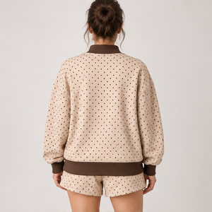Women's Beige Allover Microdot Mock Neck 2-Piece <b>Shorts</b> <b>Set</b> Custom Casual Sportswear - Product Image 2