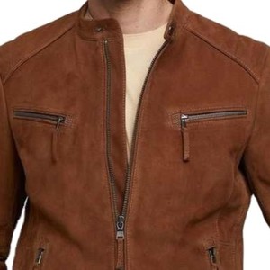 <b>Men's</b> Brown <b>Suede</b> Motorcycle <b>Jacket</b> Stand Collar Zipper Closure Regular Fit Moto Biker Style Autumn Wear Sample Available - Product Image 1