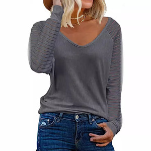 Women's Pink V-Neck Long Sleeve <b>Raglan</b> T-Shirt Woven Striped Casual Regular Fit Breathable Spring Summer <b>Top</b> - Product Image 3