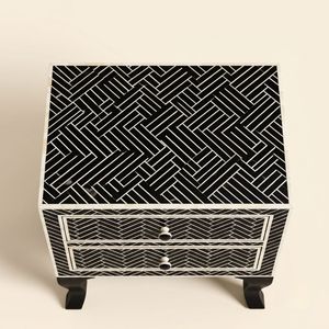 <b>Black</b> Bone Inlay 2 <b>Drawer</b> <b>Bedside</b> table Chevron Stripe Pattern Nightstand Artisan bedroom Furniture Bone Inlay Table - Product Image 3