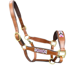 Cabestro de Cuero Genuino Marrón Premium para Caballo, Bordado Estilo Western, Ajustable con Herrajes Dorados, para Entrenamiento y Uso en Rancho - Product Image 1