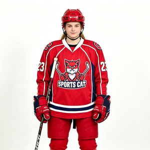 Maillot de hockey sur glace rouge personnalisé, col en V, manches longues, maille respirante, nom et numéro de l'équipe, unisexe, adulte, 100% polyester, respectueux de l'environnement - Product Image 2