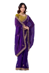 <b>Purple</b> Chiffon <b>Saree</b> with Gold Embroidery Traditional Indian Wedding Wear Women's Floor Length Sari - Product Image 3