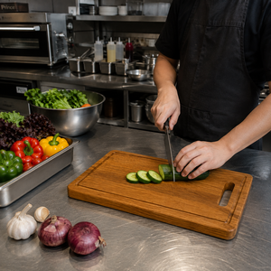 Planche à découper en teck massif, grande planche à hacher avec rainure pour les jus et poignée, pour cuisine, café, restaurant, hôtel, projet de restauration - Product Image 3