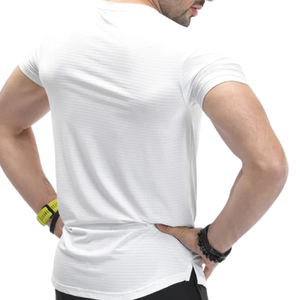 T-shirt de sport pour homme personnalisé blanc à séchage rapide, coupe semi-ajustée, en maille extensible polyester élasthanne, pour entraînement en salle de sport, OEM - Product Image 4
