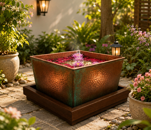 Cuenco de Agua Zen Cuadrado de Cobre Martillado para Decoración de Jardín y Exteriores de Lujo, Cuenco de Agua Zen de Cobre Martillado Hecho a Mano para Meditación - Product Image 1