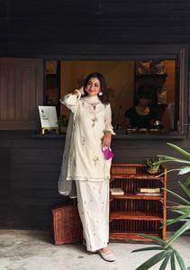 Pure Satin Mul Chanderi Embroidered Farshi Palazzo <b>Suit</b> Set <b>Fancy</b> Tassel Sleeves Digital Print Tabby Silk Dupatta Ethnic - Product Image 3