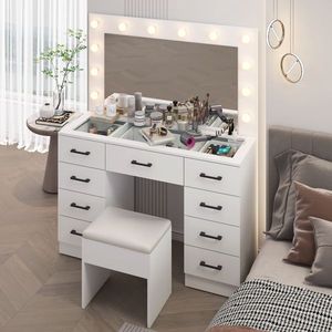 Large Lighted 12 LED Mirror Makeup Vanity Desk Set with 9 Drawers Glass Top Vanity Table with Power Outlet - Product Image 1