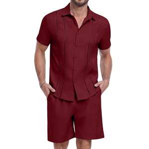 Ensemble chemise et short pour homme, vert olive, manches courtes, couleur unie, vêtements décontractés d'été, col rabattu, tissu polyester respirant - Product Image 4