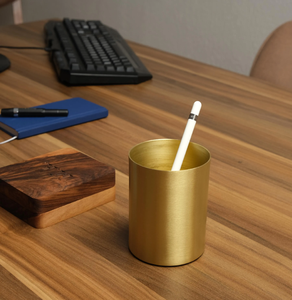 Porte-crayons en bois et laiton, organisateur de bureau rond et accessoires, porte-stylo promotionnel - Product Image 5