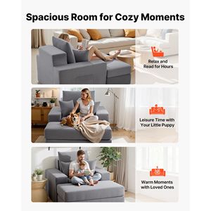 Chaise longue divano letto modulare oversize da interno in velluto a coste senza struttura da 44 pollici con cuscini decorativi e braccioli - Product Image 6