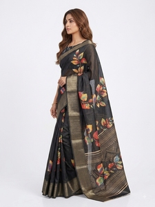 Sari de seda negro con estampado digital y borde dorado para mujer, ropa tradicional de boda estilo India-Pakistán, largo hasta el suelo, corte regular. - Product Image 3