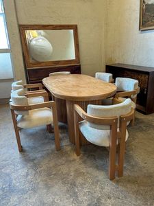Juego de Mesa de Comedor Ovalada de Madera de Teca Minimalista, Silla Tapizada Moderna, Fabricante de Muebles de Indonesia - Product Image 4