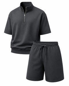 Men's Hooded Fleece Short Sleeve Top and Drawstring Shorts Set Solid Black Front Logo Streetwear Casual Wear for Winter - Product Image 4