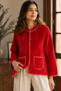 Blouson Bomber en Velours Rouge pour Femme avec Col Montant, Design Matelassé, Rembourrage en Coton, Respirant, Écologique, Vêtement d'Extérieur Décontracté pour l'Hiver - Product Image 6