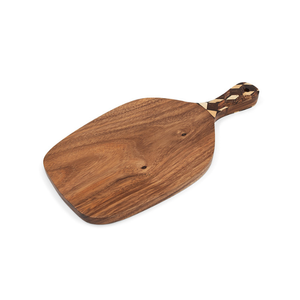 Food Grade Suar Wood Serving Board With Coconut <b>Shell</b> Dark And White Inlay Handle <b>Light</b> Brown For Kitchen Decor And Artisan Home - Product Image 1