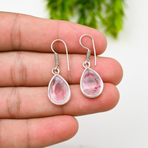 Pendientes de Cuarzo Rosa Natural Personalizados, Plata de Ley 925, Joyería de Lujo Hecha a Mano, Cristal Rosa, Regalo para Mujeres y Niñas - Product Image 2