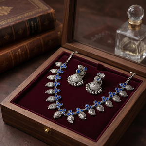 DIVYORO Women's Ornate Leaf-Pattern Royal <b>Blue</b> Embellished Stone Oxidized Silver Long Adjustable <b>Necklace</b> From Orissa-Gift - Product Image 3