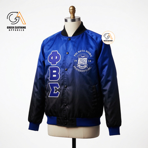 ฟี เบต้า ซิกมา |   เสื้อแจ็คเก็ตบอมเบอร์ผู้ชาย ลายไล่เฉดสี หรูหรา ผลิตจากผ้าซาติน เป็นมิตรต่อสิ่งแวดล้อม น้ำหนักเบา ผสมโพลีเอสเตอร์/คอตตอน ลายกรีกไลฟ์ - Product Image 1