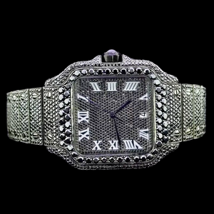 Reloj de Diseño Hip Hop Personalizado con Caja Cuadrada de Moissanita Negra y Diamantes, Esfera de Cristal Analógica con Números Romanos - Product Image 1