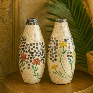 Jarrón de bambú hecho a mano con incrustaciones de mosaico de concha de Capiz, forma ovalada cónica, patrón Floral, pieza decorativa ecológica para el hogar - Product Image 6
