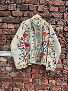 Handcrafted Sage Green Embroidered Jacket Women Boho Suzani Style Floral Kashmiri Chain Stitch Ethnic Party Wear Open Front <b>Coat</b> - Product Image 2