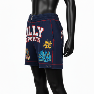 Shorts de mujer de felpa de algodón y poliéster premium con costuras rojas, bordado de chenilla, cremallera frontal y logo personalizado. - Product Image 2