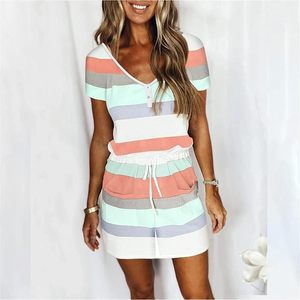 Women's Striped Knitted <b>Jumpsuit</b> Short Sleeve V-Neck Loose Fit <b>With</b> <b>Pockets</b> Breathable Casual Spring Summer Wear - Product Image 3