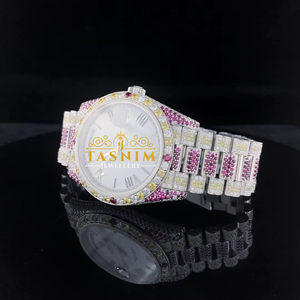 Montre Homme Entièrement Personnalisée en Acier Inoxydable Rouge et Jaune, Plaqué Diamant Blanc, Mouvement Quartz ETA, Verre 20mm, Style Hip-Hop - Product Image 2