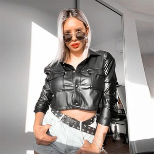 Cropped PU Leather Shirt <b>Jacket</b> With Turn-Down Collar And Flap Pockets Solid Color <b>Short</b> Sleeve Moto Style Unisex Outerwear 2026 - Product Image 4
